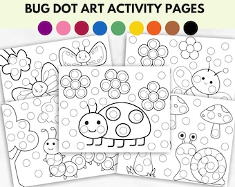 Peut inclure: Un ensemble de six pages d'activités d'art en points sur le thème des insectes à imprimer pour les enfants. Chaque page présente un insecte différent, notamment une coccinelle, un papillon, un escargot et un champignon. Les pages sont conçues pour être utilisées avec des marqueurs à points ou de la peinture.