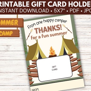 Porta-cartão de presente para conselheiro de acampamento de verão, presente para funcionários do acampamento Sleepaway, apreciação de conselheiro de acampamento, presente de agradecimento para impressão, último dia de acampamento