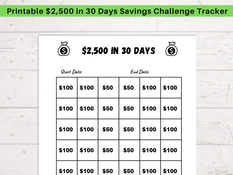 30 Day Money Savings Challenge Printable, 2500 in 30 Days Savings ...