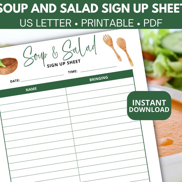 Soup and Salad Sign Up Sheet template, Potluck sign up sheet, Printable lunch sign up, Office potluck sign up form, Teacher lunch, PTO PTA