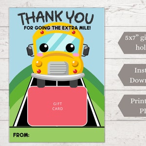 Bus driver gift card holder, Printable appreciation gift, Thank you card, School bus driver thank you gift, End of school year driver gift