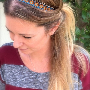 Headband, hair accessories, hair jewelry in wax african print and a bronze chain Headband african wax print ethnique Red Blue Fluo color 2. Bleu - Blue