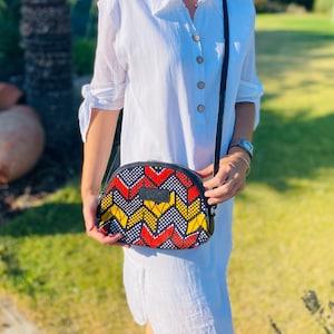 Sac femme wax pagne africain rouge et jaune sac indien bandoulière femme wax France idée cadeau femme Noel