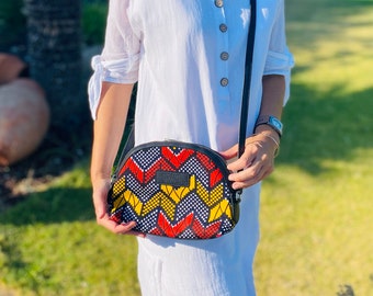 Women&#39;s bag wax loincloth African red and yellow round urban bag with shoulder strap woman wax France Christmas gift idea for her