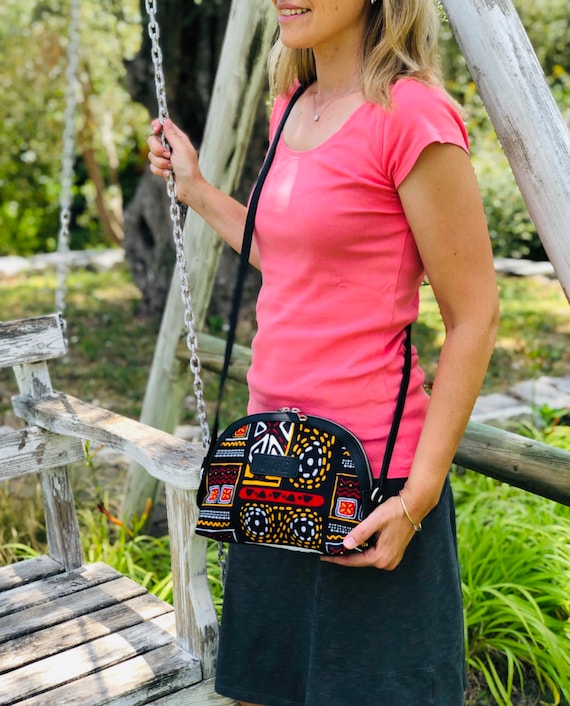Sac Bandoulière Tissu Motif Africain Noir - Petit Sac Ethnique Neuf