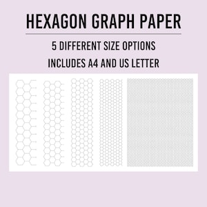 Puede incluir: Cinco tamaños diferentes de papel de gráfico hexagonal, incluyendo tamaños A4 y US Letter. El papel es blanco con líneas negras.