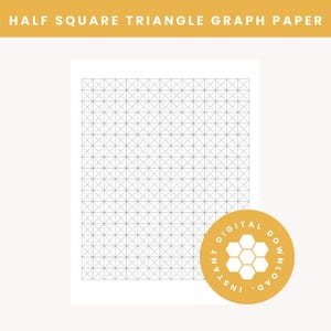 Può includere: Un download digitale stampabile di carta millimetrata a triangolo mezzo quadrato. La carta è bianca con linee nere che formano una griglia. La carta è circondata da un bordo giallo con il testo "HALF SQUARE TRIANGLE GRAPH PAPER" in alto e un cerchio giallo con il testo "INSTANT DIGITAL DOWNLOAD" in basso.