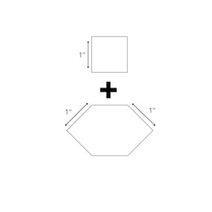 May include: Diagram showing how to make a 1-inch hexagon from a 1-inch square.  The diagram shows a square with 1-inch sides and a hexagon with 1-inch sides.
