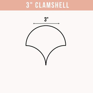 May include: A black line drawing of a clamshell shape on a white background. The text 3" CLAMSHELL appears at the top, and a dimension line above the shape indicates a width of 3 inches. The design features a curved top and a pointed base.