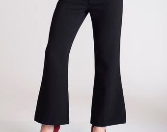 Black short flared pants,Black wool flared pants with pockets,Winter short trousers,Wool stretch black flared pants,Black woolwomen pants