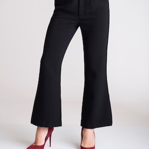 Black short flared pants,Black wool flared pants with pockets,Winter short trousers,Wool stretch black flared pants,Black woolwomen pants image 1