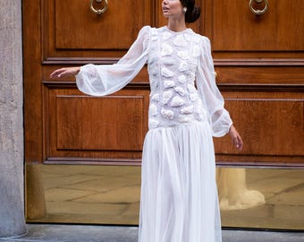 Abendkleid, Hochzeitskleid, Besticktes Hochzeitskleid, Langärmeliges Hochzeitskleid, Elegantes weißes Kleid, Elegantes besticktes Kleid