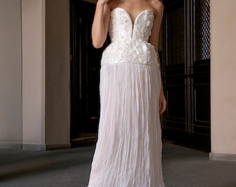 Wedding dress/Ceremony dress/Corset dress/White dress/Hand embroidered dress/Embroidered bodice dress/Bustier dress/Plisse dress