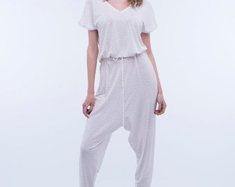 White jumpsuit/Summer jumpsuit/Women jumpsuit/Red pois jumpsuit/Viscose jumpsuit