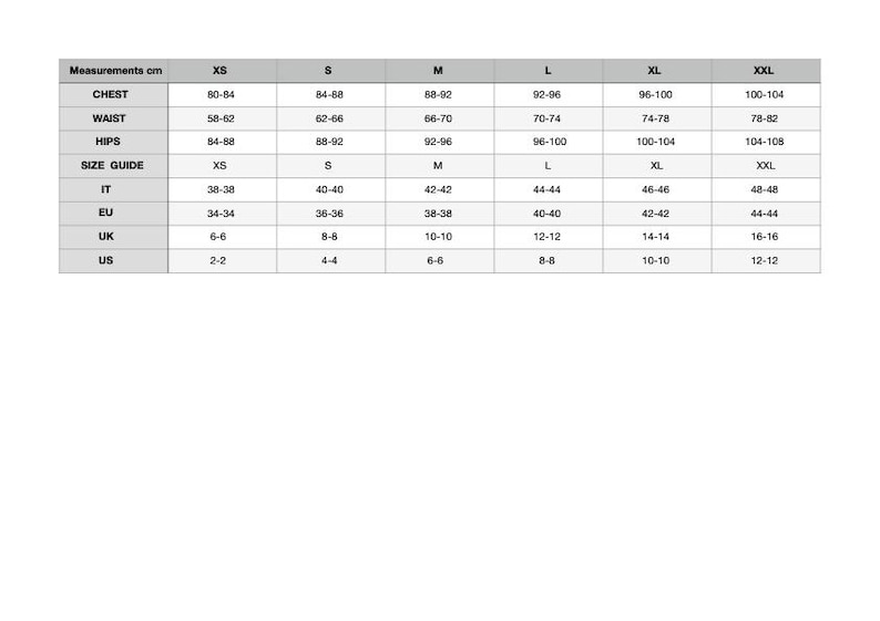 May include: A black and white size guide chart with measurements in centimeters for sizes XS through XXL. The table lists chest, waist, and hip measurements alongside corresponding size standards for Italy, the European Union, the UK, and the US.