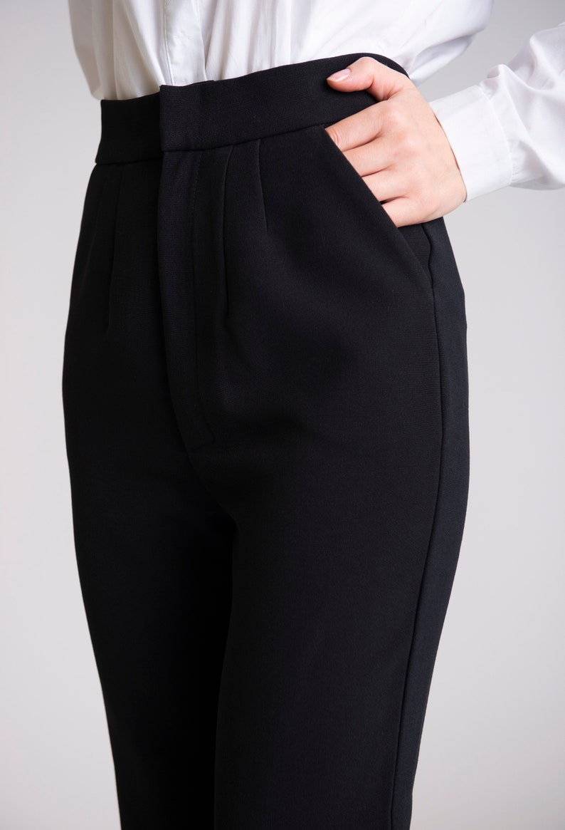 Black short flared pants,Black wool flared pants with pockets,Winter short trousers,Wool stretch black flared pants,Black woolwomen pants image 6