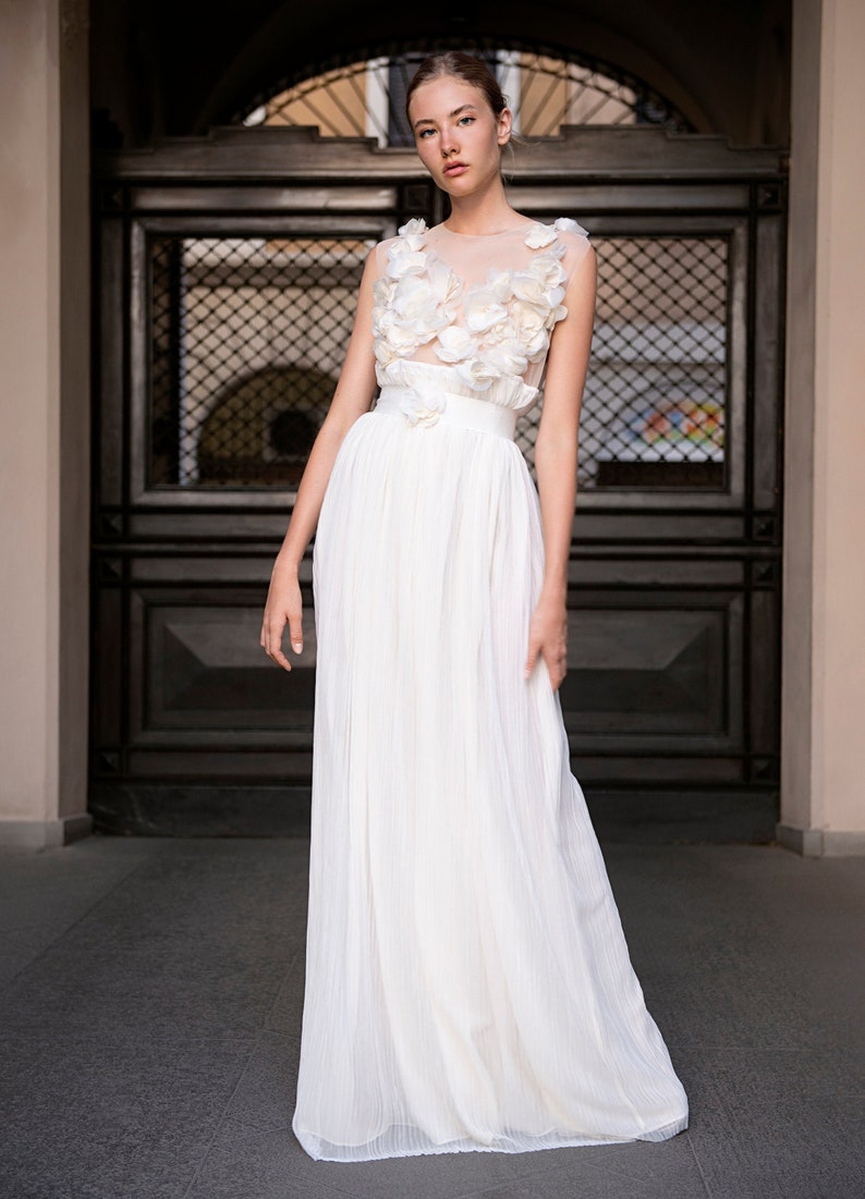Wedding dress/White dress/White long dress/Elegant dress/Ivory flowers dress/Bridal dress/Evening dress/Cocktail dress/Long transparent suit image 1