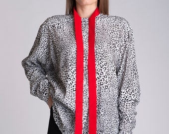 Animal print red tie shirt,Long sleeves animal print women shirt,Animal print red tie shirt,Elegant animal print women shirt,Oversize blouse