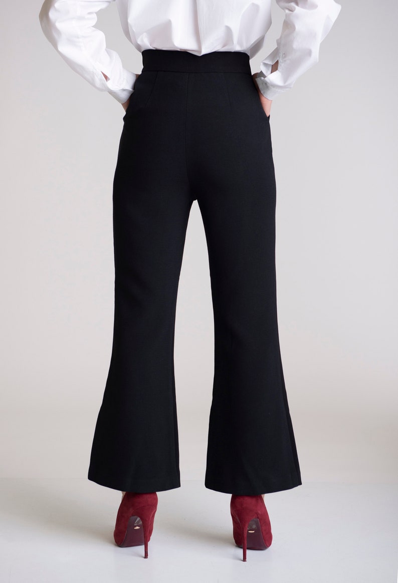 Black short flared pants,Black wool flared pants with pockets,Winter short trousers,Wool stretch black flared pants,Black woolwomen pants image 3