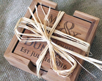 Set of Four Personalized Bamboo Coasters, Personalized Wedding Gift, Custom Engraved Coasters