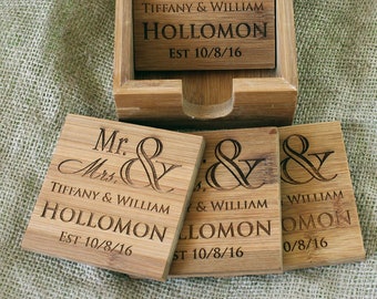 Set of Four Personalized Bamboo Coasters, Wedding Gift, Groomsmen Gift