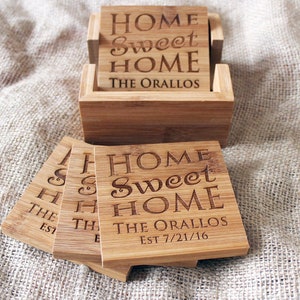 personalized bamboo coasters "home sweet home"