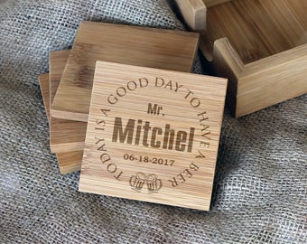 Custom Coasters, Father's Day gift, Personalized Coasters, Custom Engraved Bamboo Coasters, Beer coasters, Drink coasters