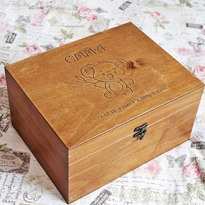 Personalized baby memory box, Baby keepsake box with koala image, Custom memory wood box