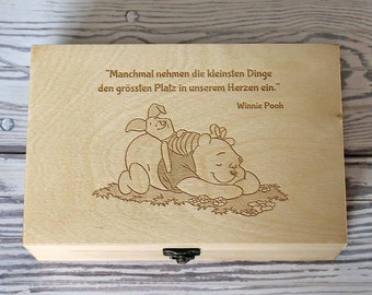 Winnie the Pooh and Piglet on wood box, Engraved quote on box, Keepsake box for kid with custom saying