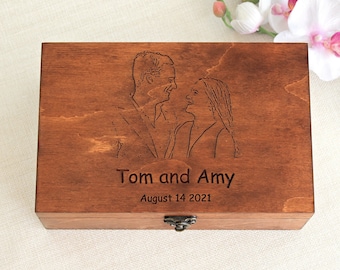 Wedding memory box with photo engraved, Custom keepsake wooden box, Wedding anniversary gift