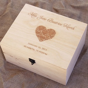 Personalized baby memory box, Engraved baby keepsake box, Heart shape design with a name and DOB, Custom wood box