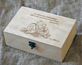 Custom Engraved Wooden Keepsake Box | Custom Winnie the Pooh Quote | Personalized Baby Memory Chest