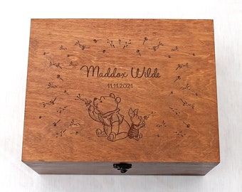 Custom wooden box with Winnie the pooh image and name, Baby memory box, Keepsake box for boys and girls