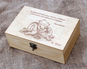 Winnie the pooh gift box, Custom quote on wooden box, Baby memory box, Custom engraved jewelry box, Keepsake box