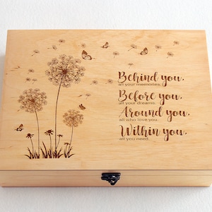 Personalized Laser Engraved Wooden Memory Box | Dandelion Design with custom quote