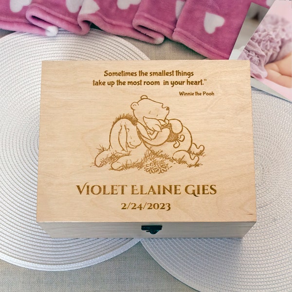 Winnie the Pooh quote on baby memory box, Personalized keepsake box with custom saying, Winnie, Piglet and Eeyoree on wooden box