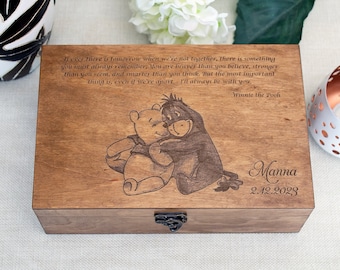 Winnie the Pooh quote on wooden box, Personalized keepsake box with custom saying, Winnie and Eeyore on memory box