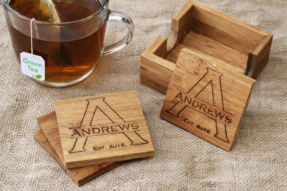 Personalized Bamboo Coasters with Engraved Monogram and name | CustomWedding or Anniversary Gift
