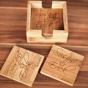 Set of Four Personalized Coasters, Wedding Gift, Custom Engraved Bamboo Coasters, Wedding Anniversary gift