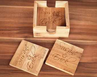 Set of Four Personalized Coasters, Wedding Gift, Custom Engraved Bamboo Coasters, Wedding Anniversary gift