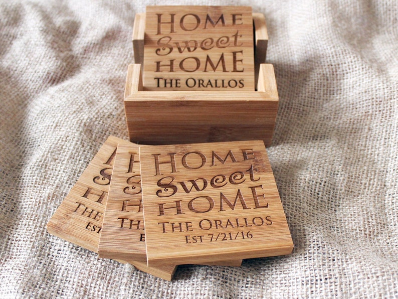 personalized bamboo coasters "home sweet home"