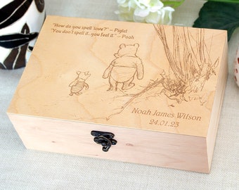 Winnie the pooh quote and name on wooden box, Personalized Christmas gift, Winnie and Piglet on memory box, New baby gift