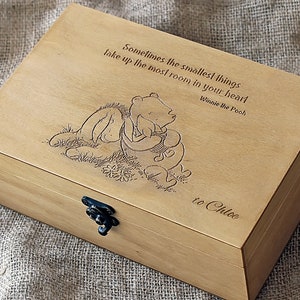 Caja de madera de cotización personalizada, caja de memoria para bebés, joyería personalizada, caja de recuerdo con cita de Winnie the Pooh