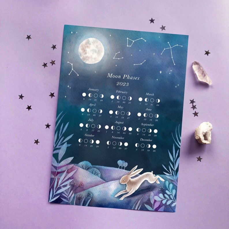 Printable Lunar Calendar 2023 Watercolor Moon Phases Etsy