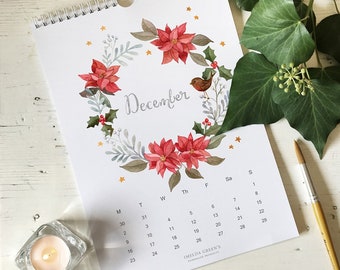 Printable Monthly Calendar 2023 - Nature Art Floral Wreath and Watercolour Calligraphy - Downloadable PDF | 2023 wall calendar