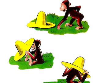 Curious George with a Hat - Hard to Find Art Print of Everyone's Favorite Monkey - FREE SHIPPING