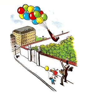 Curious George with Balloons - Hard to Find Art Print of Everyone's Favorite Monkey - FREE SHIPPING