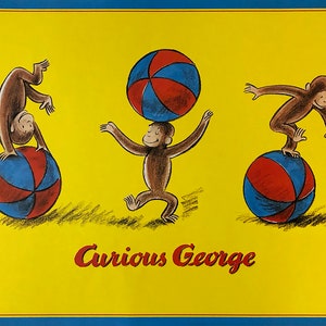 Curious George with a Ball - Hard to Find Art Print of Everyone's Favorite Monkey - FREE SHIPPING