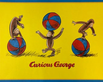 Curious George with a Ball - Hard to Find Art Print of Everyone's Favorite Monkey - FREE SHIPPING