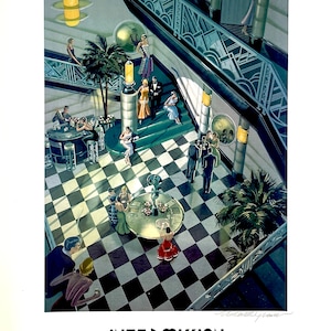 May include: A painting of a grand, art deco style lobby with a black and white checkered floor. People in formal attire are gathered in the lobby, with a staircase leading up to a balcony. The painting is titled "Intermission" by Michael Young.